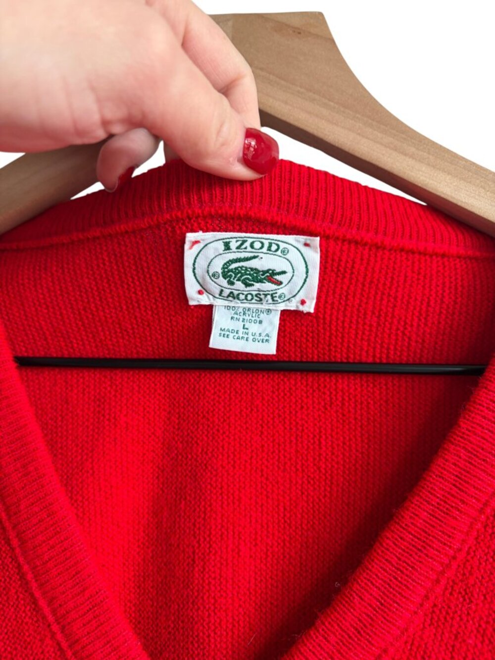 Vintage Lacoste V-neck Sweater Red Mens Size L Made in USA Holiday Pullover 90s - Picture 3 of 4